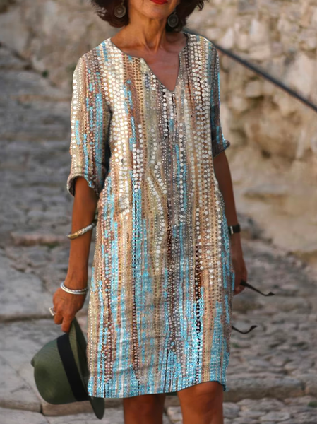 

Loose Elegant V Neck Linen Dress, Blue, Dresses