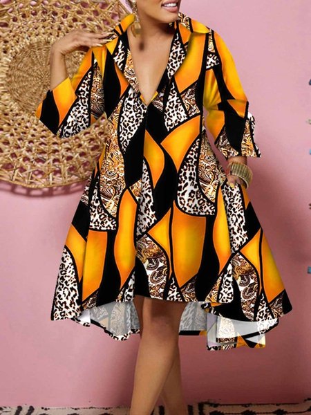 

Loose Urban Shirt Collar Abstract Graphic Dress, Yellow, Midi Dresses