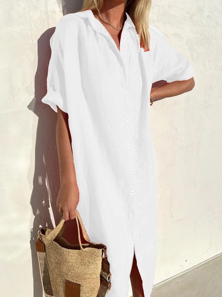 

Women Elegant Casual Loose Half Sleeve Button Down Front Half Sleeve Cotton Linen Dress Long Cover Ups Shirt Dress, White, Midi Dresses