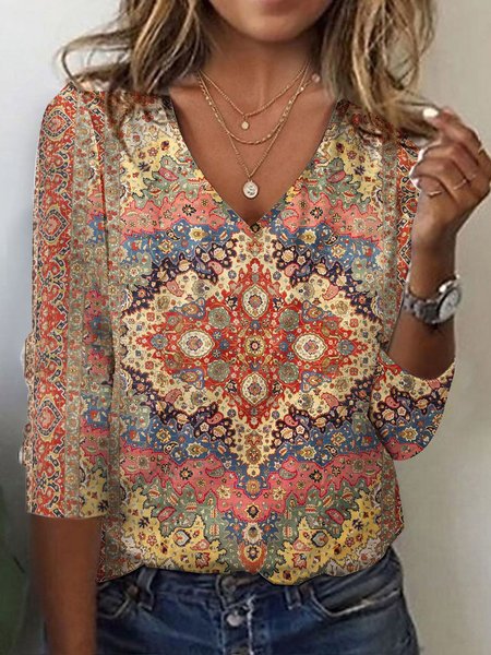 

Knitted Casual Loose V Neck Ethnic T-Shirt, Yellow, T-Shirts