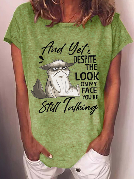 Women's Stil Talking A Cat Crew Neck Casual T Shirt