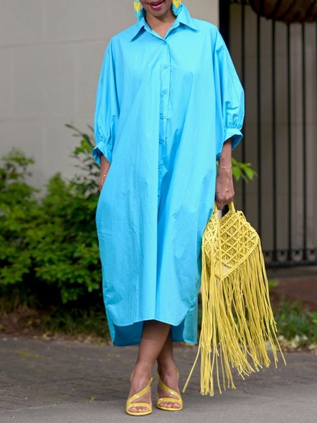 

Shirt Collar Urban Plain Loose Dress, Blue, Maxi Dresses