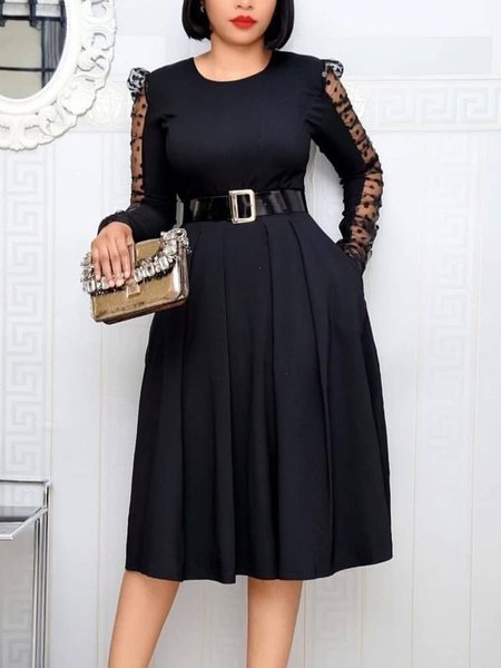

Polka Dots Crew Neck Elegant Midi Dress With Belt, Black, Midi Dresses