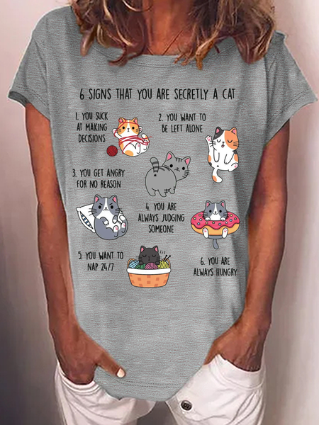 

Women's Six Signs That You Are Secretly A Cat Text Letters T-Shirt, Gray, T-shirts
