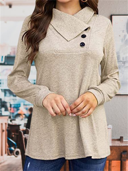 

Loose Urban Casual Asymmetrical Casual Knit Long Sleeve T-Shirt, Khaki, T-Shirts