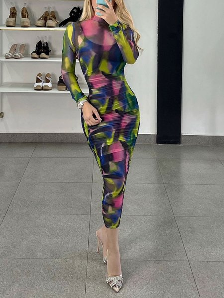 

Regular Fit Urban Ruched Abstract Stand Collar Dress, As picture, Maxi Dresses