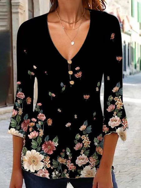 

Casual Floral V Neck Regular Fit T-Shirt, Multicolor, T-Shirts