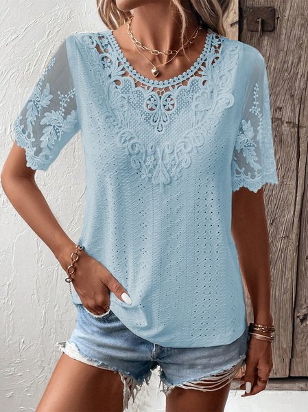 

Crew Neck Casual Loose Lace Shirt, Light blue, Blouses & Shirts