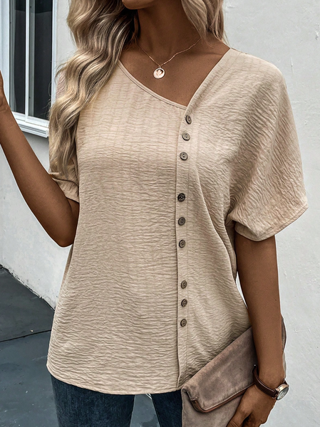 

Casual Asymmetrical Plain Buckle Shirt, Khaki, Shirts & Blouses