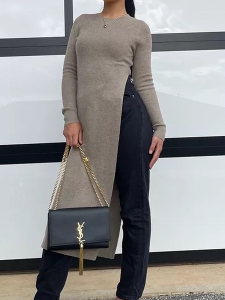 

High Elasticity Plain Simple Crew Neck Long sleeve Regular Fit Mid-long Sweater, As picture, Pullovers