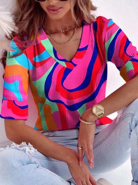 

Loose Casual V Neck Abstract T-Shirt, Rose red, T-Shirts