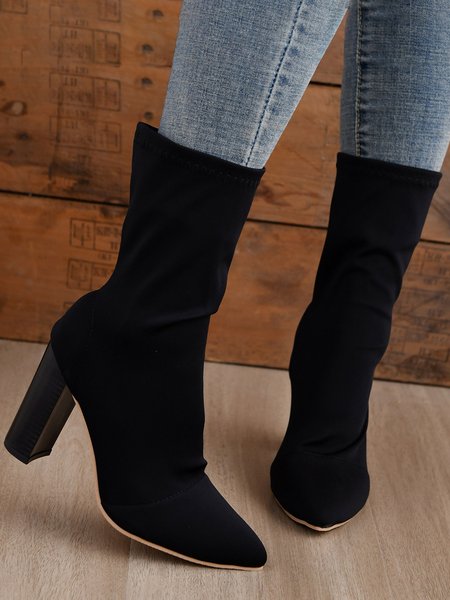 

Solid Color High Elastic Upper Pointed Toe Chunky Heel Sock Boots, Black, Boots
