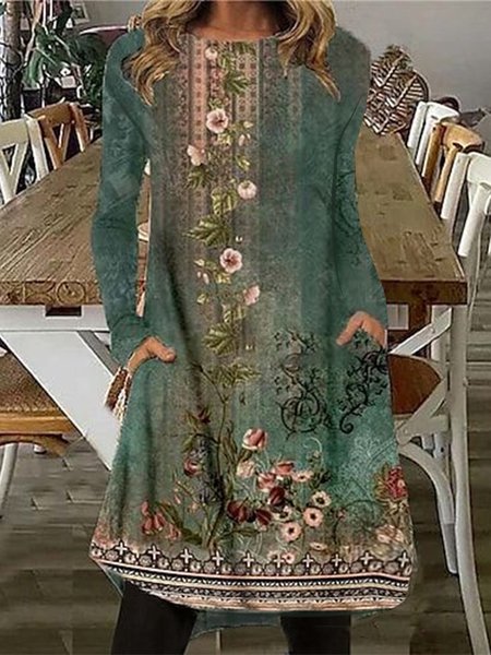 

Crew Neck Ethnic Floral Casual Loose Dress, Green, Dresses