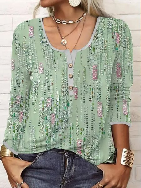 

Floral Casual Regular Fit Buttoned T-Shirt, Green, T-Shirts