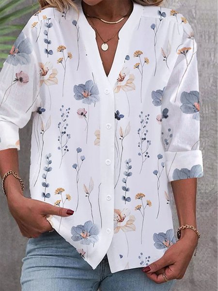 

V Neck Casual Floral Loose Buttoned Down Long Sleeve Blouse, White, Blouses & Shirts