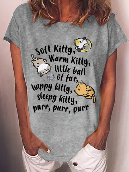 

Women's Soft Kitty Warm Kitty Cat Cotton-Blend Crew Neck T-Shirt, Gray, T-shirts