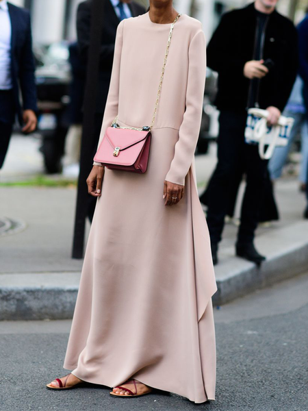 

Loose Plain Long Crew Neck sleeve Urban Maxi Dress, Pink, Maxi Dresses