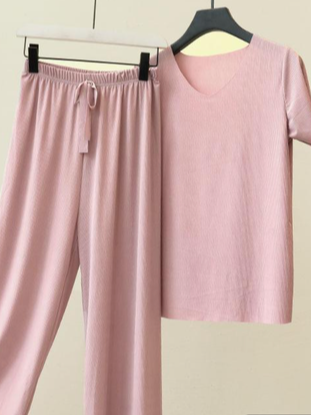 

Plain Casual Short Sleeve V Neck Top With Pants Two-Piece Set, Light purple, Suit Set
