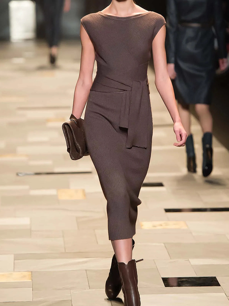 

High Elasticity Crew Neck Elegant Tight Plain Cap sleeve Sweater Dress With Belt, Brown, Midi Dresses