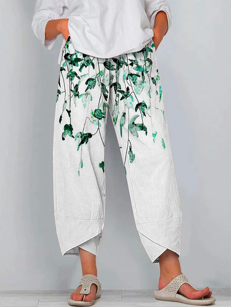 

Floral Linen Casual Loose Pants, White, Pants