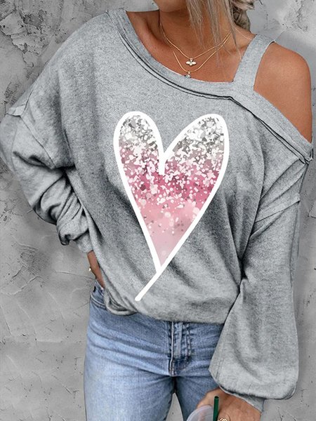 

Casual One Shoulder Printing T-Shirt, Light gray, T-Shirts