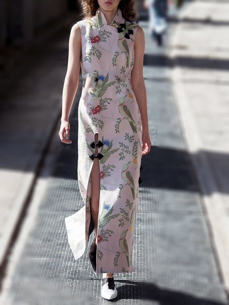 

Daily Elegant Bird Regular Fit Stand Collar Dress, Pink, Maxi Dresses