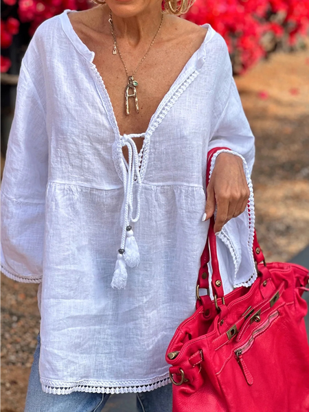 

Lace V Neck Plain Casual Shirt, White, Shirts & Blouses