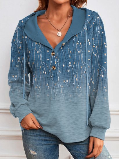 

Gradient Floral Loose Hooded Thermal Sweatshirt, Blue, Suit Set