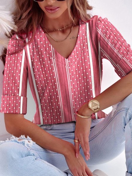 

V Neck Regular Fit Polka Dots Casual T-Shirt, Red, T-Shirts