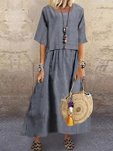 

Square Neck Loose Casual Striped Dress, Gray, Maxi Dresses