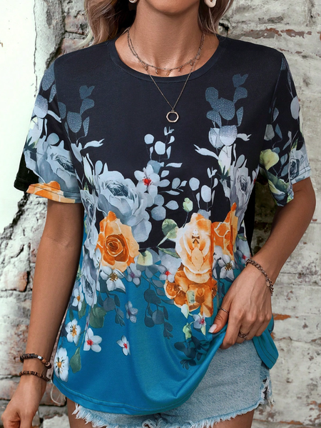 

Loose Floral Crew Neck Casual T-Shirt, Blue, T-Shirts