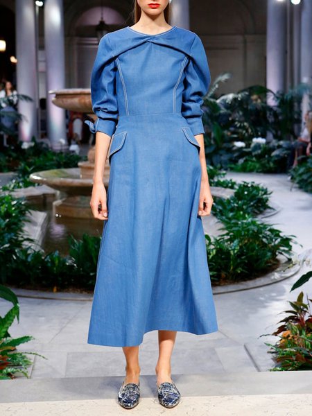 

Plain Crew Neck Regular Fit Urban Faux Denim Dress, Blue, Midi Dresses