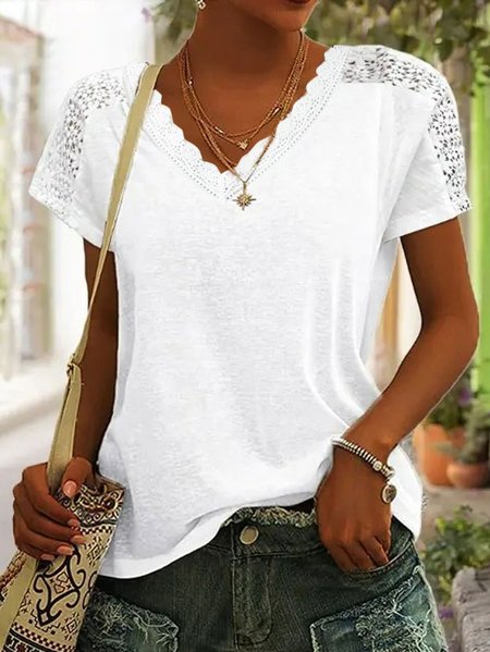 

Casual Lace Loose V Neck Lace T-Shirt, White, T-Shirts