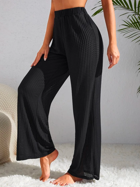 

Loose Casual Plain Solid Waffle Knit Wide Leg Pants, Black, Pants