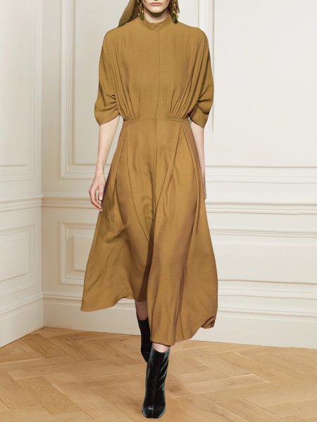 

Elegant Regular Fit Plain Stand Collar Dress, Brown, Midi Dresses