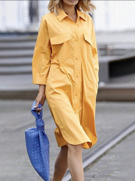 

Regular Fit Long sleeve Shirt Collar Urban Dress, Yellow, Midi Dresses