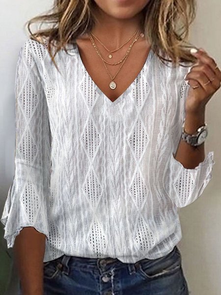 

Plain Loose V Neck Casual Shirt, White, Shirts & Blouses