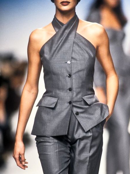 

Urban Plain Halter Regular Fit Vest, Gray, Vests and Gilets