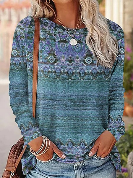 

Crew Neck Ethnic Loose Casual T-Shirt, Blue, T-Shirts