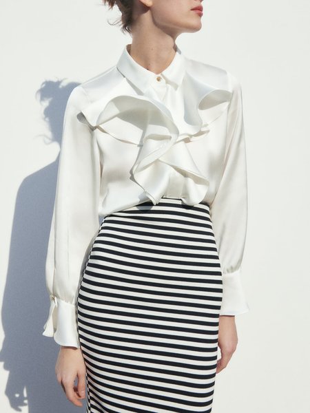 

Shirt Collar Elegant Regular Fit Plain Blouse, White, Blouses and Shirts