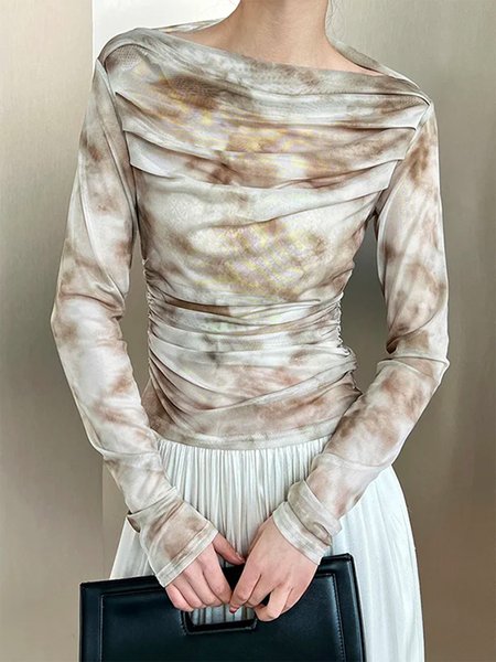 

Boat Neck Long Sleeve Tight Abstract Urban T-Shirt, As picture, Tees