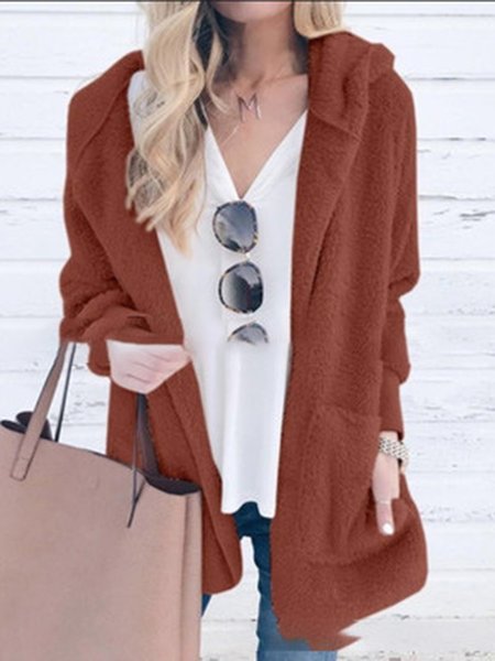 

Casual Plain Regular Fit Teddy Jacket, Brown, Coats