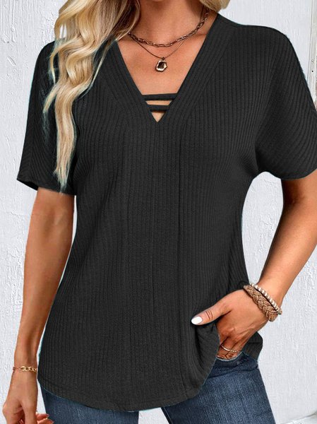 

Casual V Neck Loose Plain Shirt, Black, Shirts & Blouses