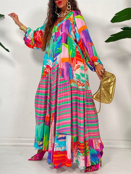 

Random Print Loose V Neck Vacation Dress, As picture, Maxi Dresses