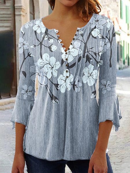 

Floral Loose Casual V Neck Buttoned Shirt, Blue, Shirts & Blouses