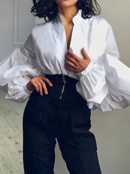 

Regular Fit Plain Stand Collar Elegant Blouse, White, Blouses and Shirts