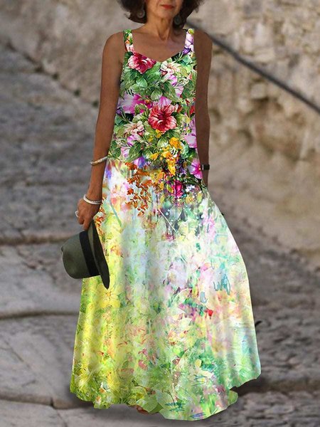 

Casual Floral V Neck Regular Fit Dress, Green, Dresses
