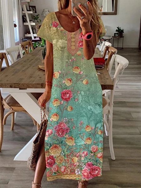 

Crew Neck Loose Floral Casual Dress, Blue, Dresses