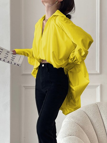 

Urban Shirt Collar Loose Plain Blouse, Yellow, Blouses and Shirts