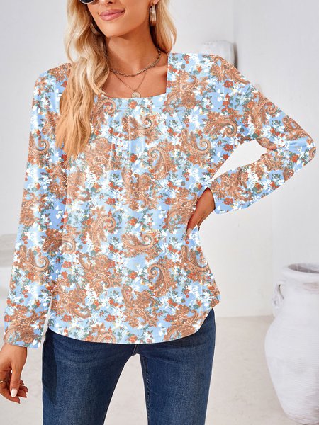 

Random Print Square Neck Printing Casual T-Shirt, Brown, T-Shirts